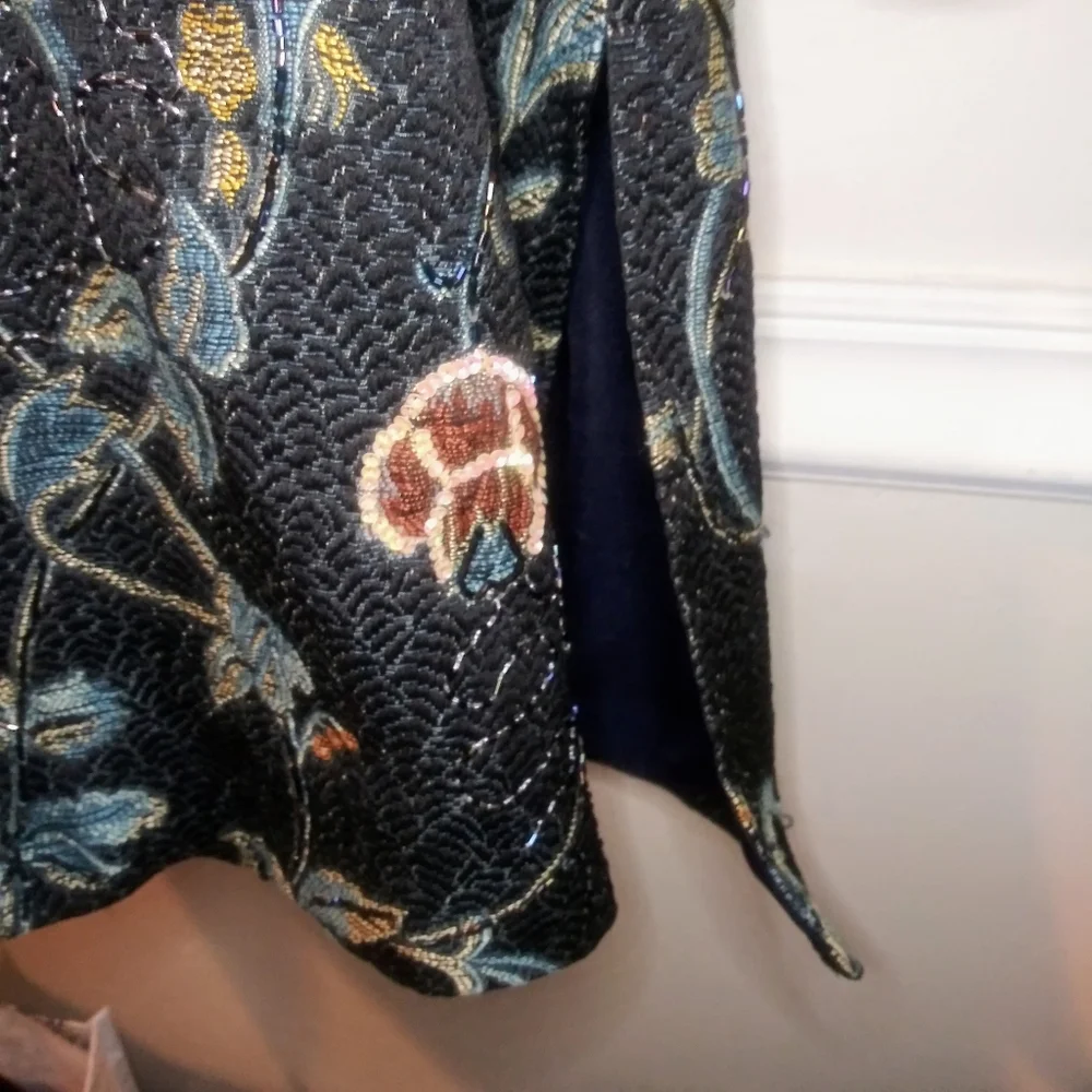 Indigo Moon Boho Beaded & Sequinned Black/Multi Long Floral Brocade Coat - Picture 7 of 12